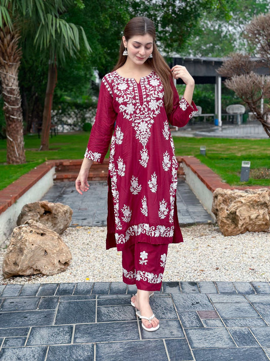Maroon stitched Indian co ord set