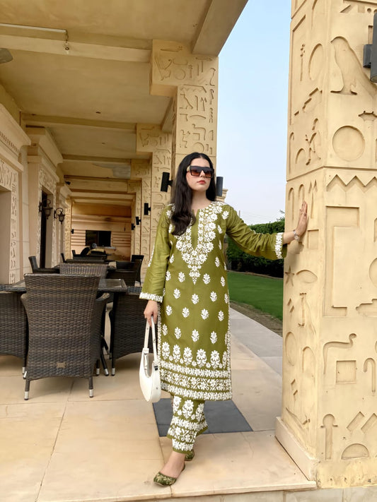 Olive Green stitched Indian co ord set