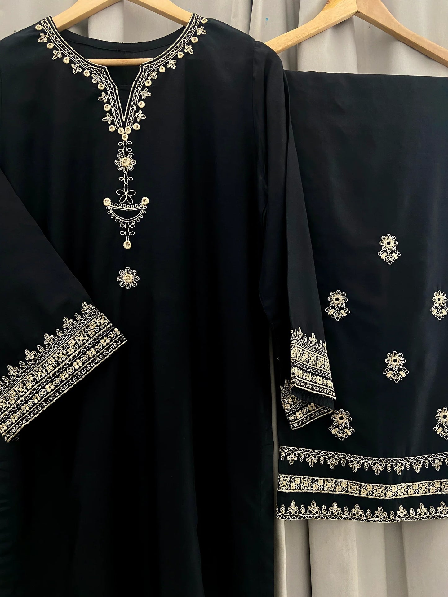 Iris black stitched fully embroidered dress