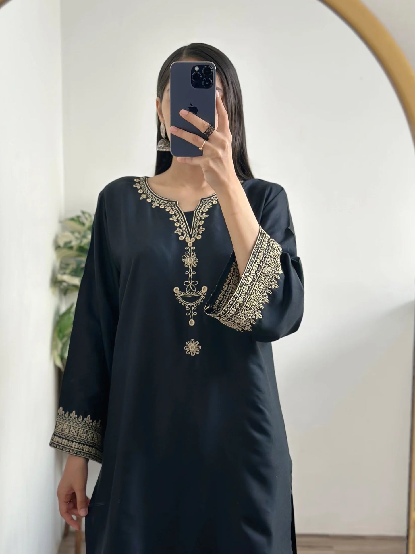 Iris black stitched fully embroidered dress
