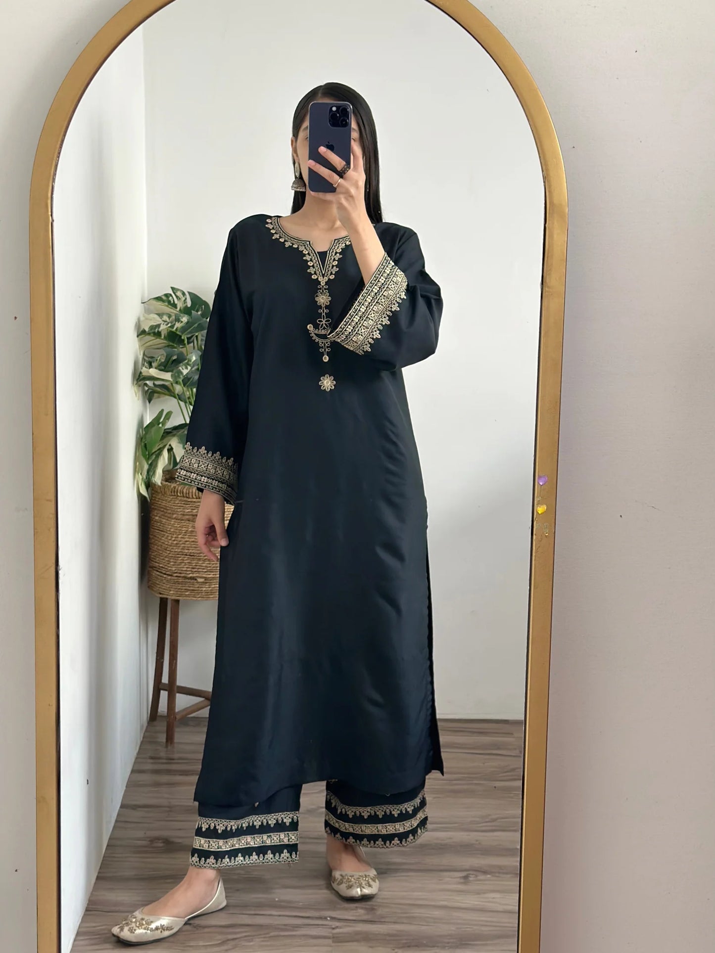 Iris black stitched fully embroidered dress