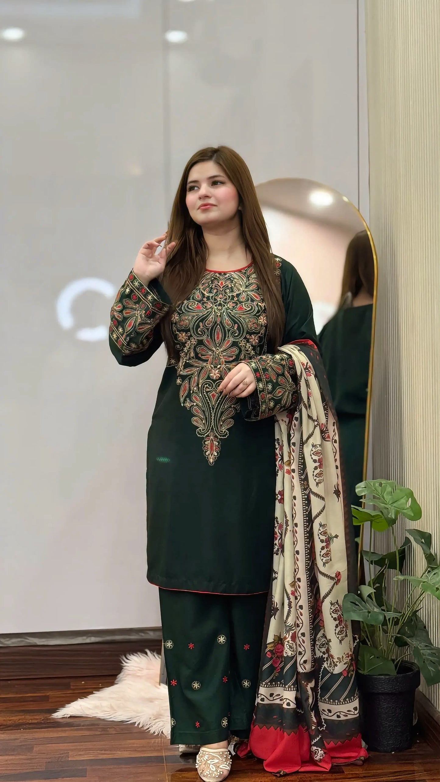 Dinar Embroidered Three piece dress