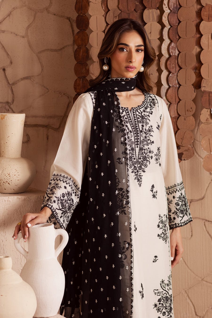 Pearl White Embroided Three piece stitched dress