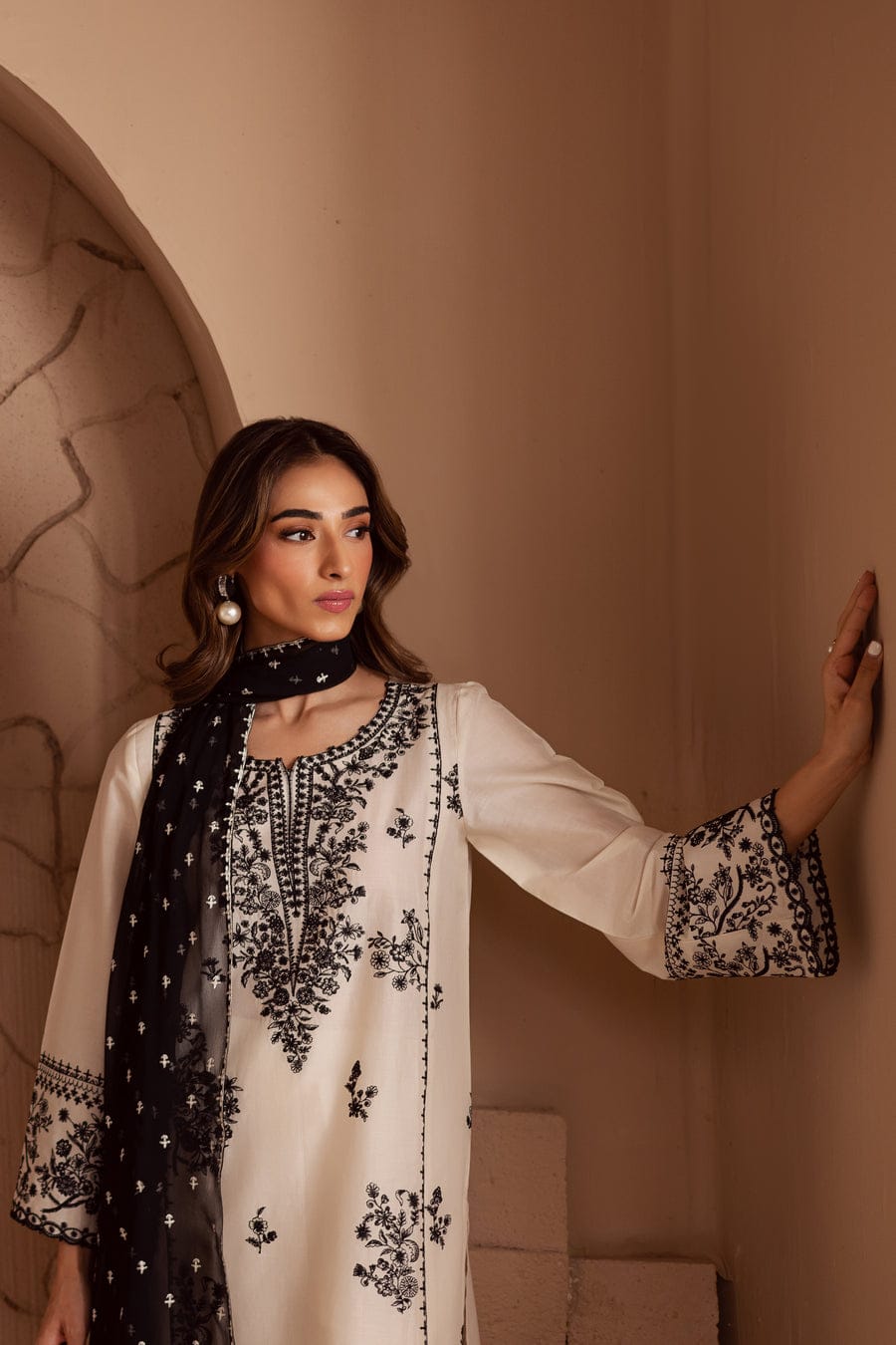 Pearl White Embroided Three piece stitched dress