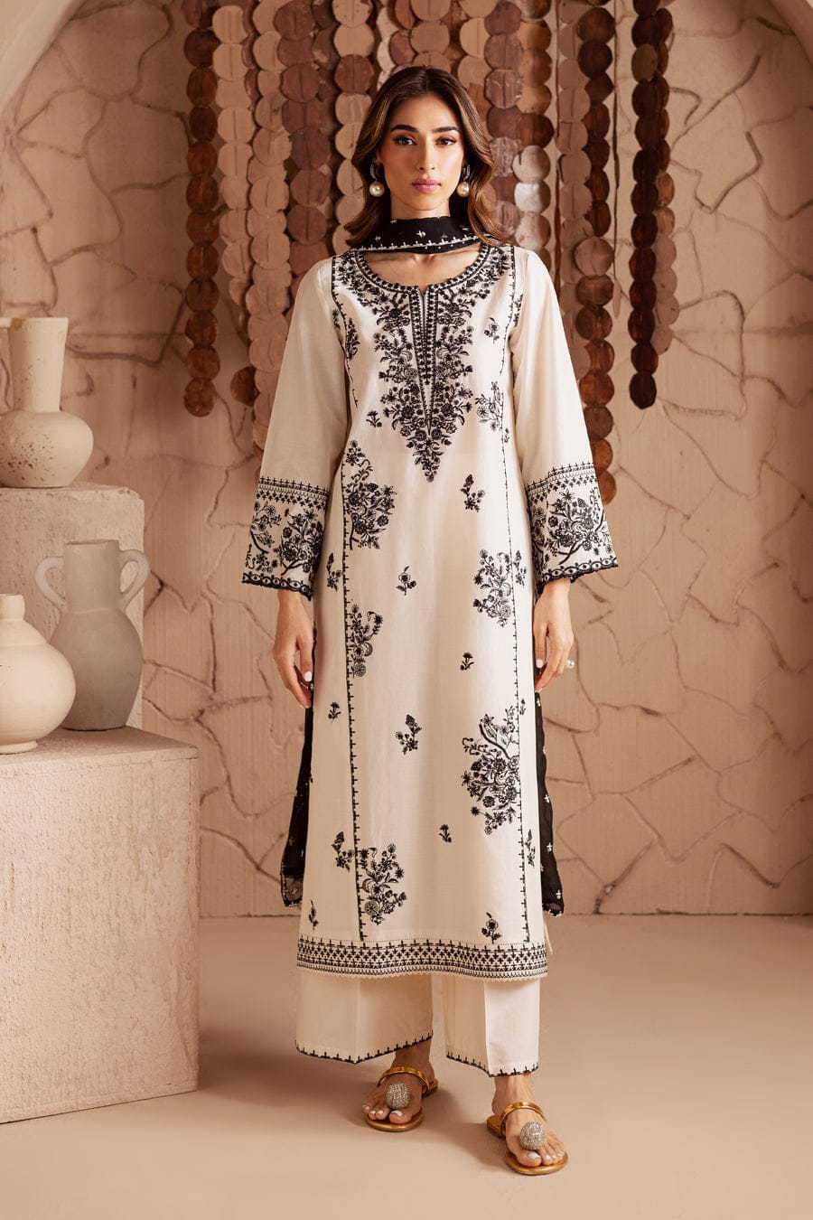 Pearl White Embroided Three piece stitched dress